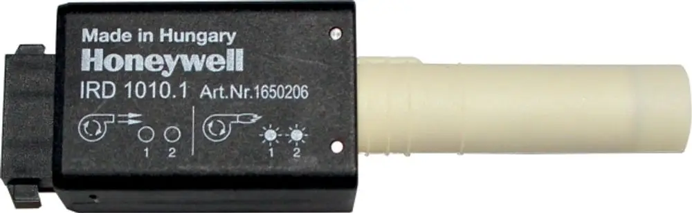 Flammwächter von Honeywell mit einem weißen Anschlussrohr und einem schwarzen Gehäuse. Das Produkt zeigt Markierungs- und Funktionssymbole zur Nutzung.
